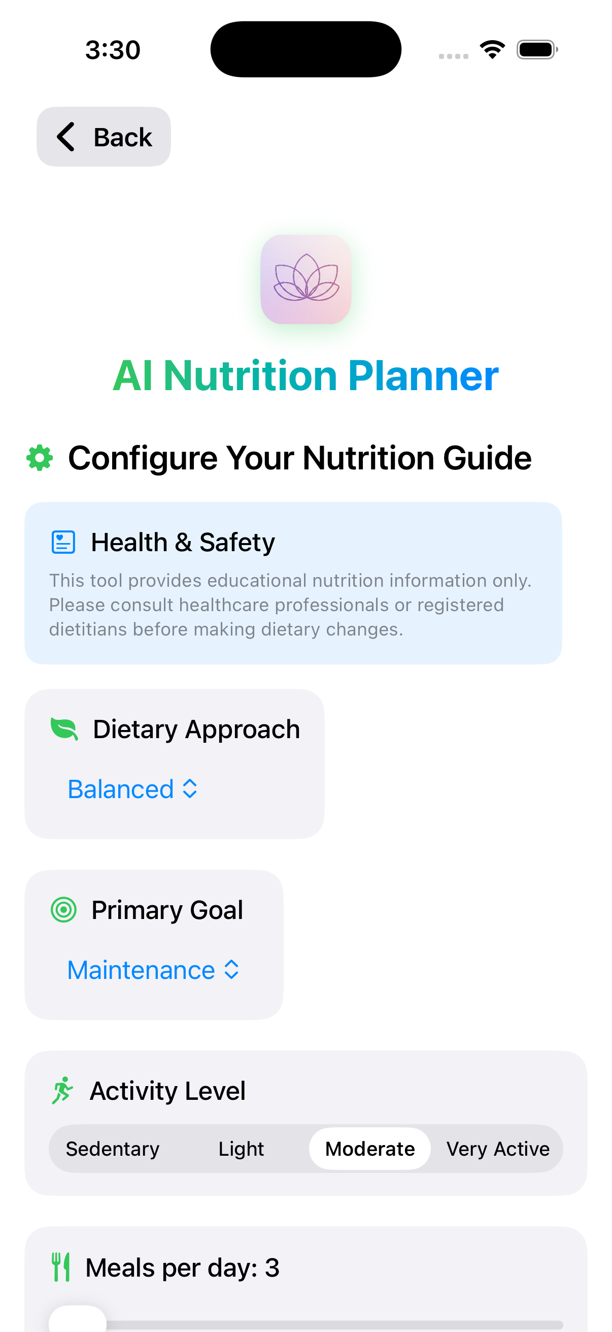 Petals AI App - Nutrition Planner